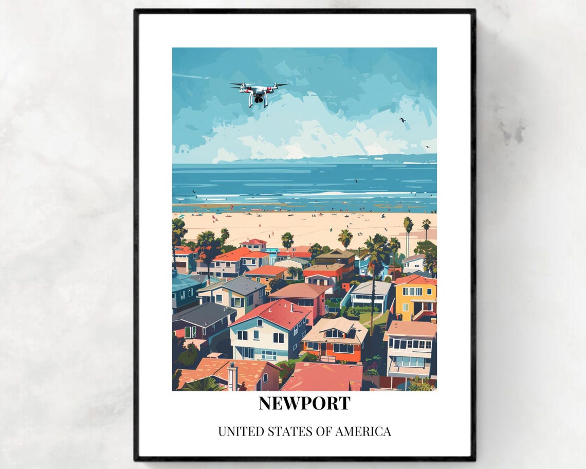 Newport Beach California Aerial Drone Shoreline Vintage Travel Poster