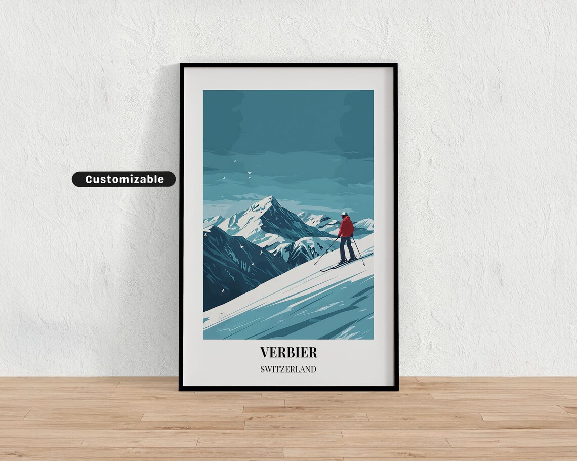 Verbier Switzerland Skier Ridge Alpine Peak Vintage Ski Travel Poster