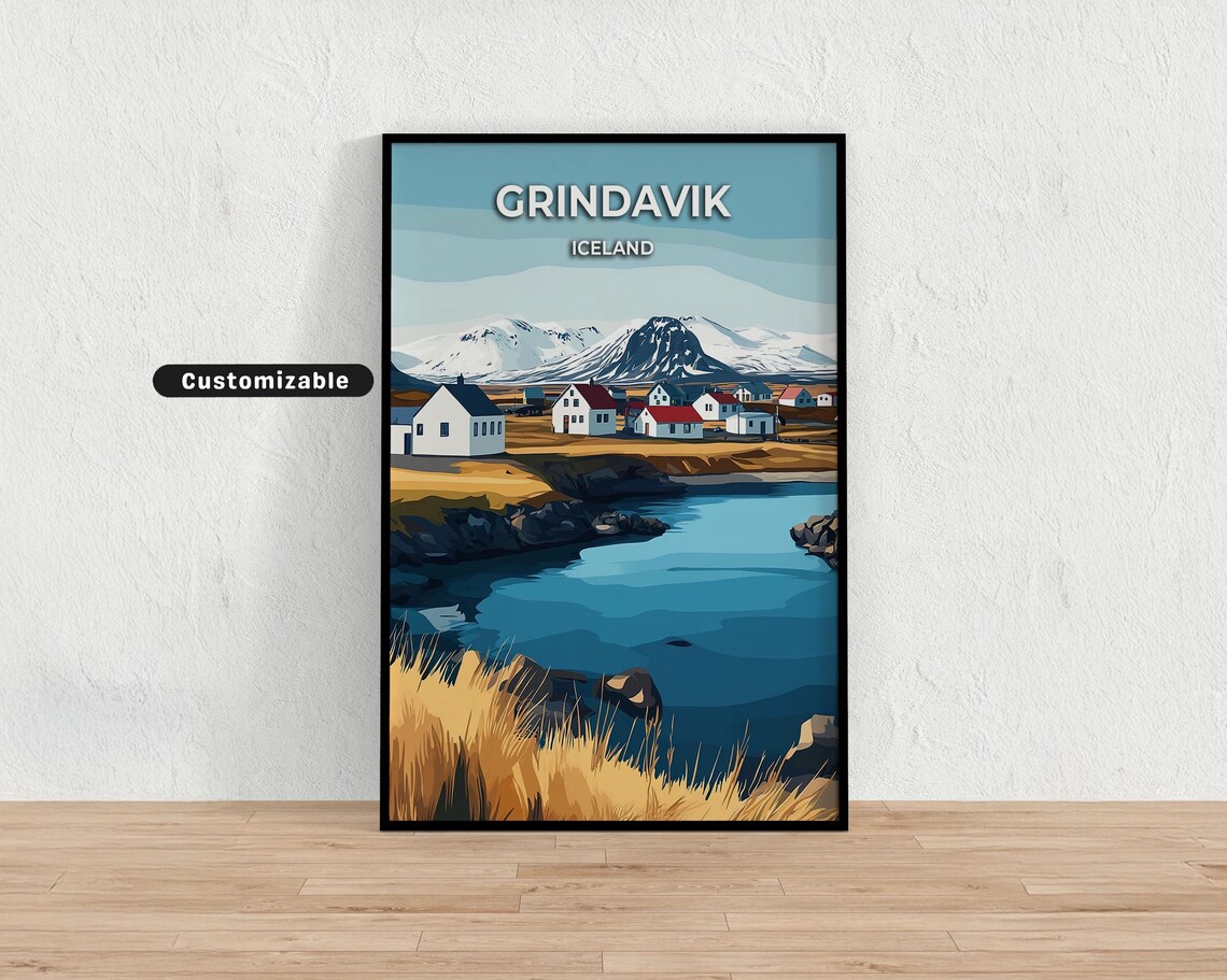 Grindavik Iceland Coastal Fishing Village Bay Travel Art Poster