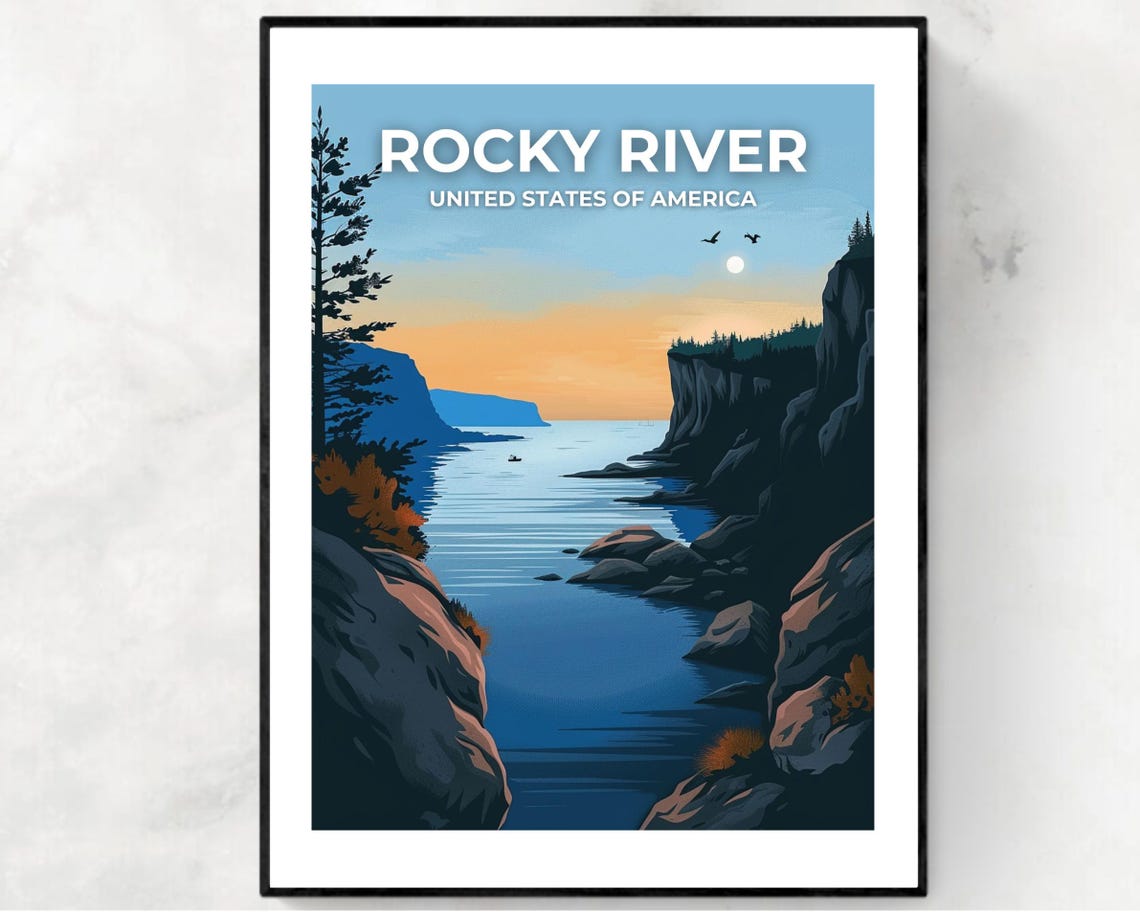 Rocky River Sunset Cliffs Kayak Sky Title Classic Travel Poster
