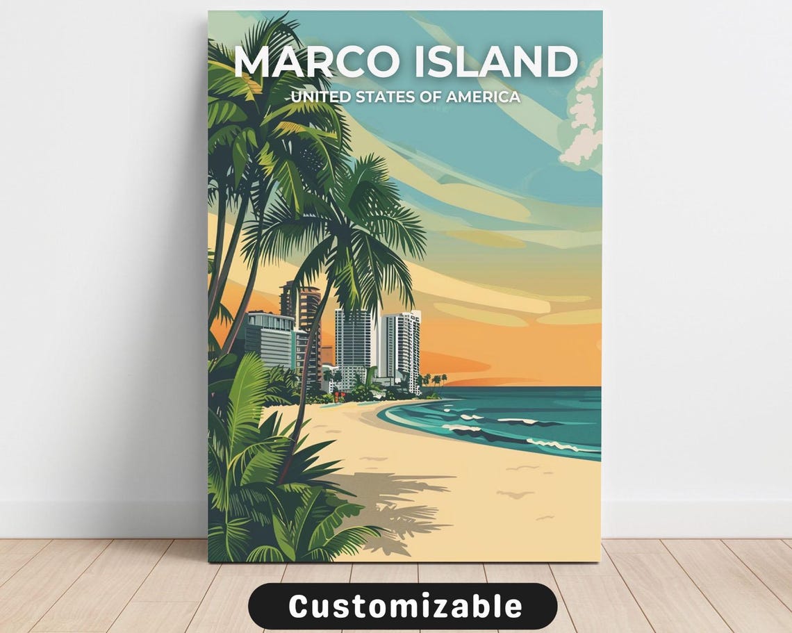 Marco Island Florida Beach Sunset Palm Retro Travel Art Poster