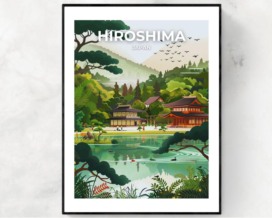 Hiroshima Japan Temple Pavilion Lakeside Garden Spring Poster