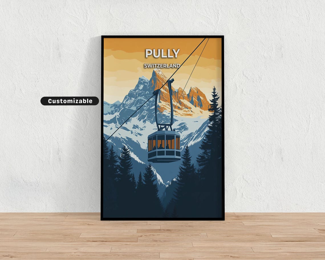 Pully Switzerland Cable Car Snowy Alpine Peak Sunset Travel Poster
