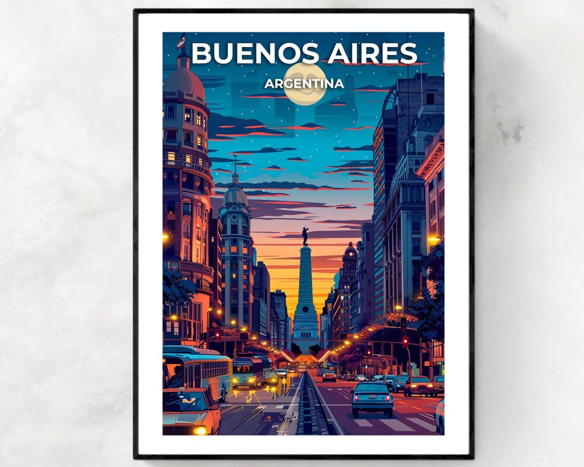 Buenos Aires Night Boulevard With The Iconic Obelisk And Moon Poster