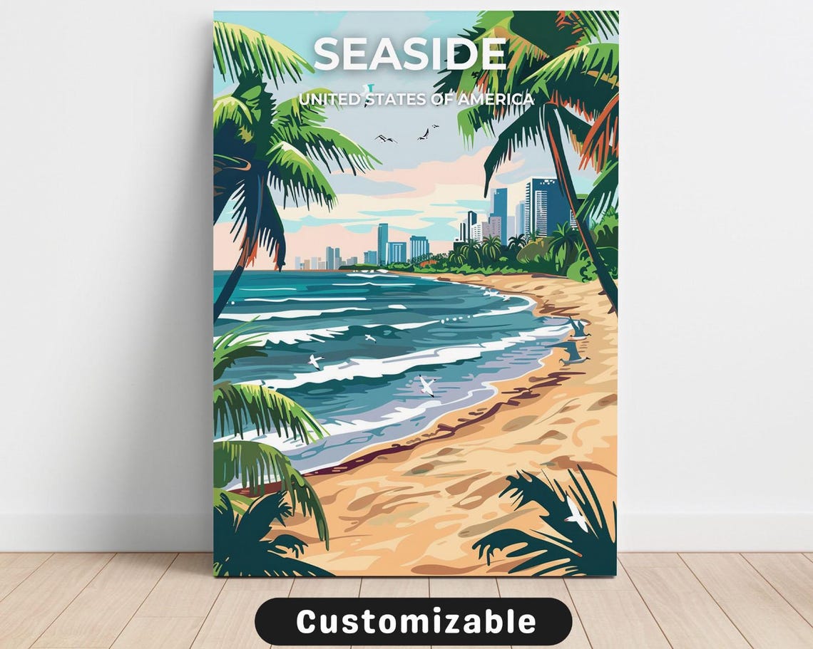 Seaside Beach Palm Trees City Skyline Retro Coastal Travel Poster