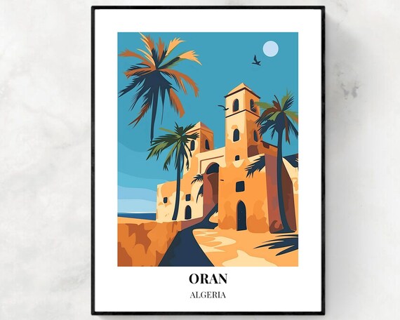 Oran Algeria Moonlit Fort Palm Towers Night Sky Travel Poster