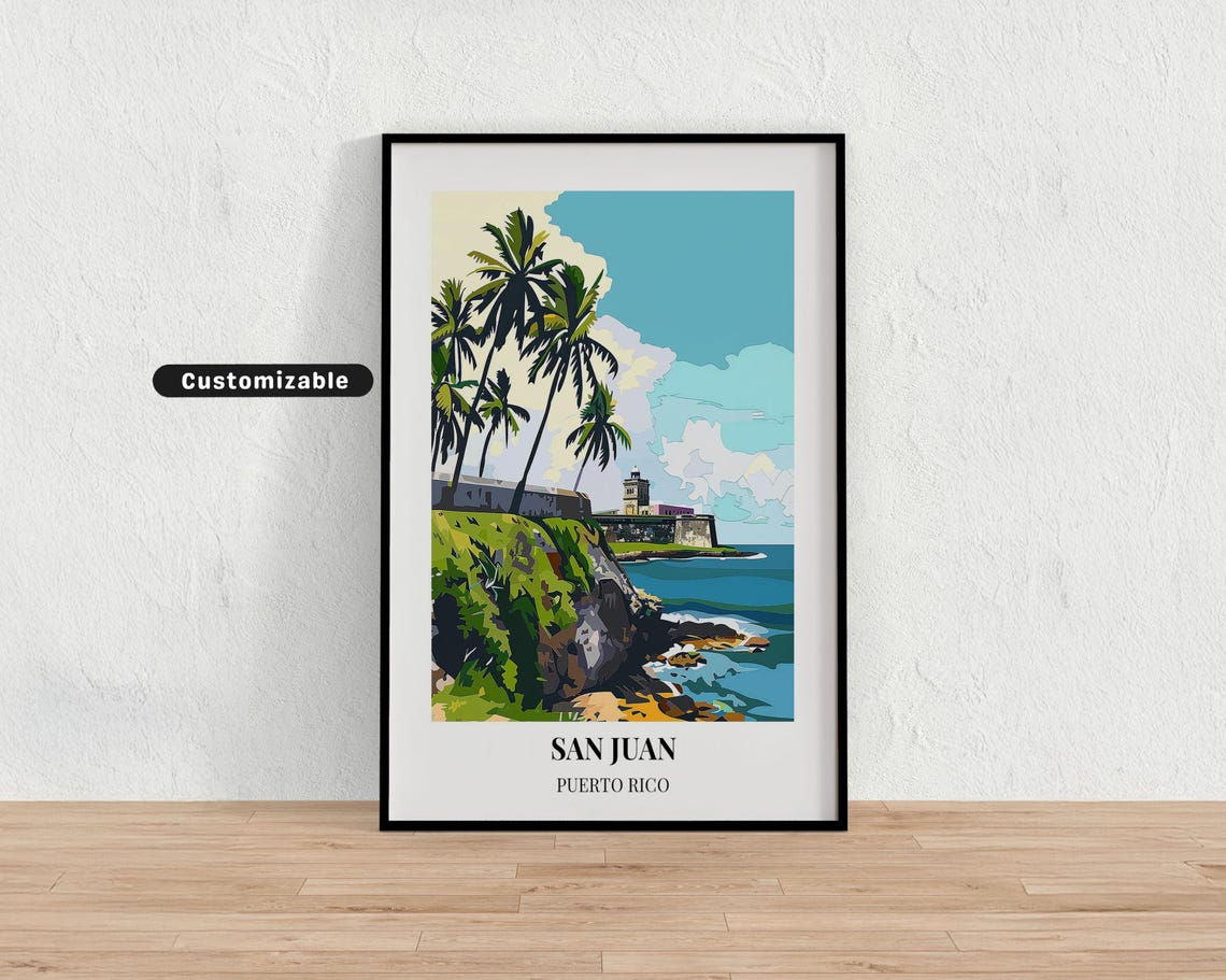 San Juan Puerto Rico Palm Trees Coastal Fortress Travel Poster