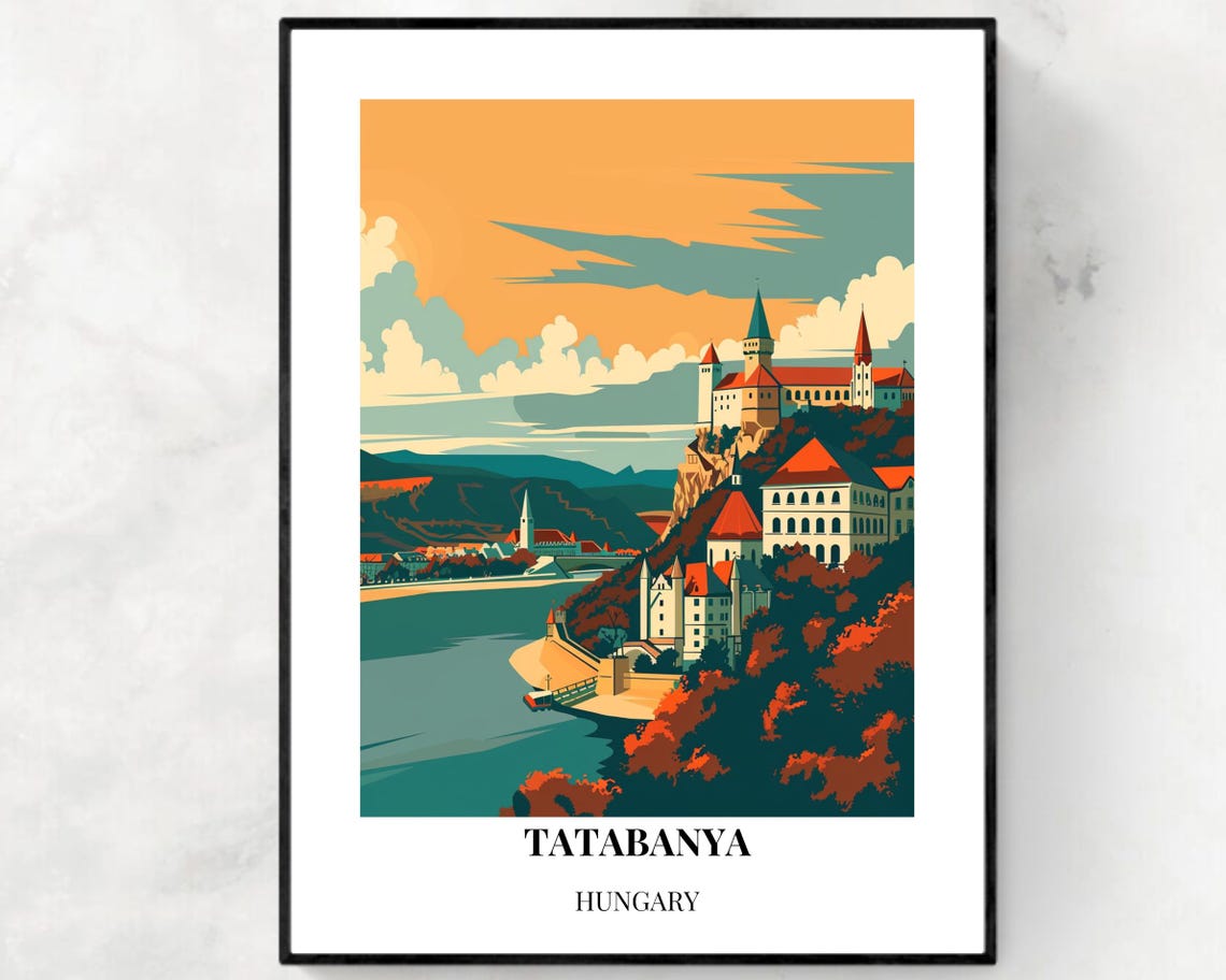 Tatabanya Hungary Hilltop Castle Sunset Riverside View Poster