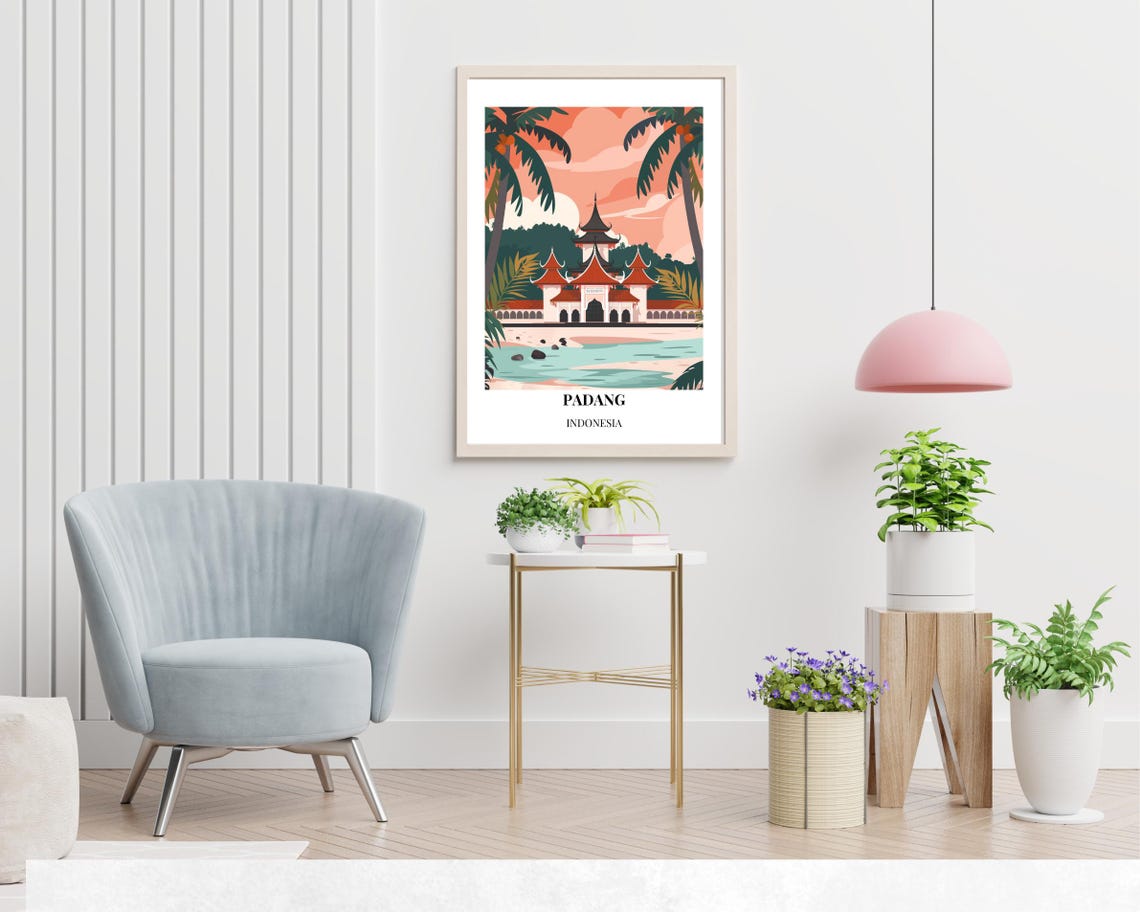 Padang Indonesia Riverside Temple Pavilion Sunset Travel Poster - Image 2