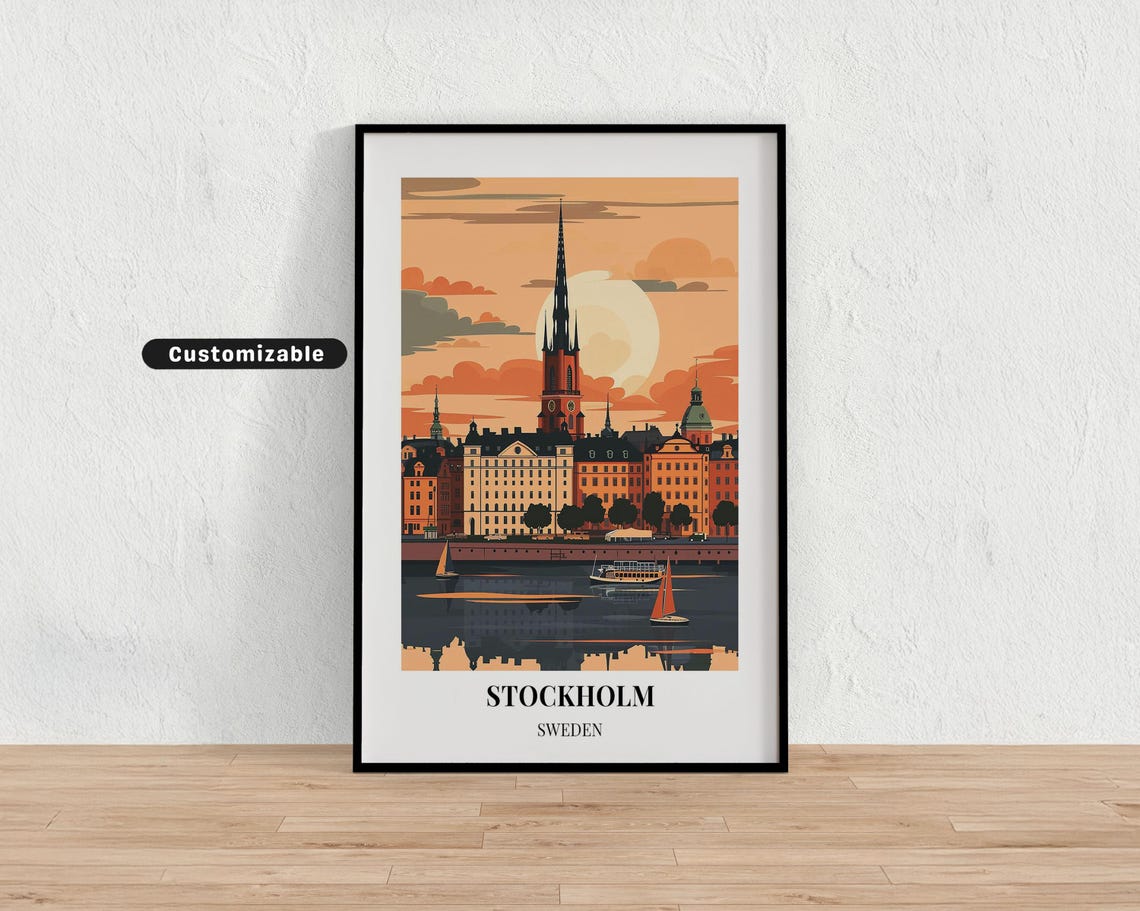 Stockholm Sweden Sunset Harbor Skyline Vintage Style Travel Poster
