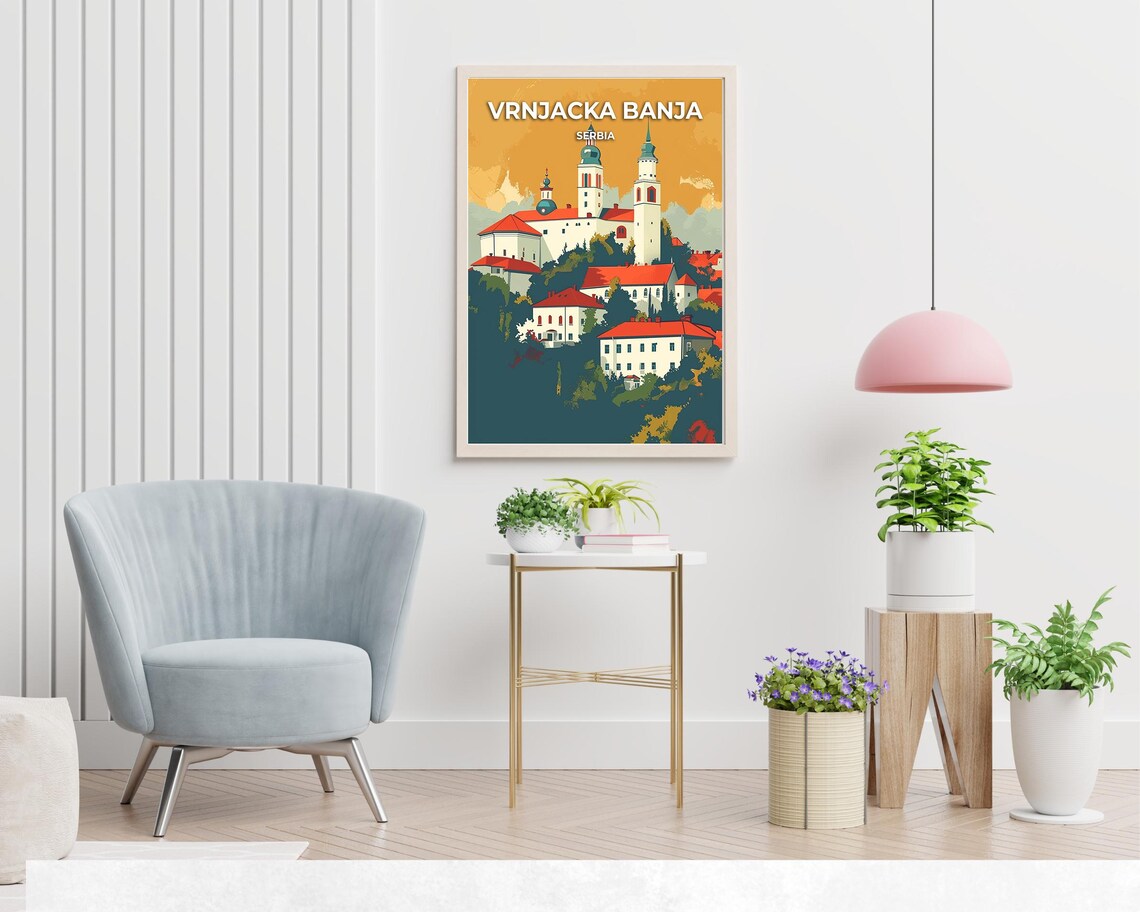 Vrnjacka Banja Serbia Spa Town Church Towers Golden Travel Poster - Image 2