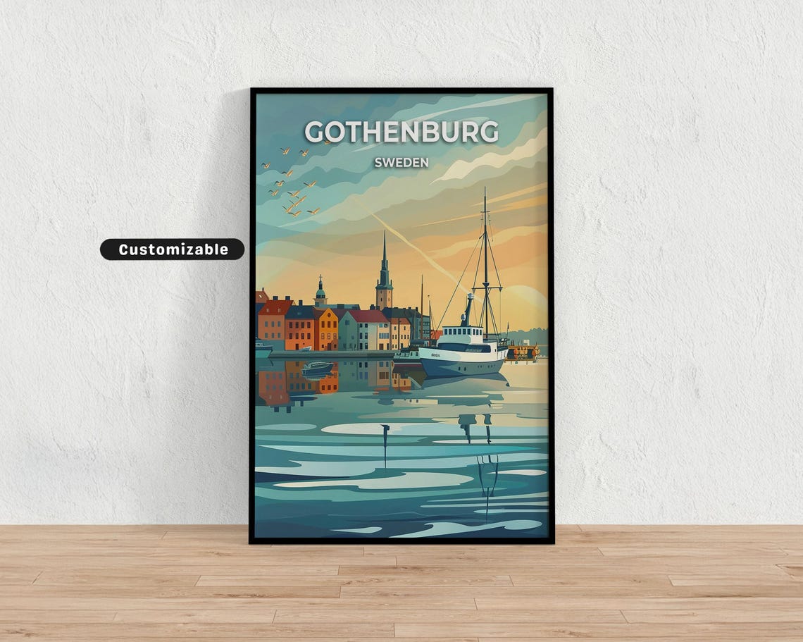 Gothenburg Sweden Customizable Sunset Harbor Travel Poster Ship Art