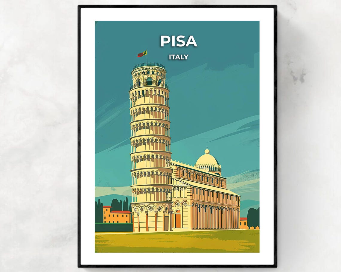 Pisa Italy Leaning Tower Cathedral Landmark Sunset Travel Poster
