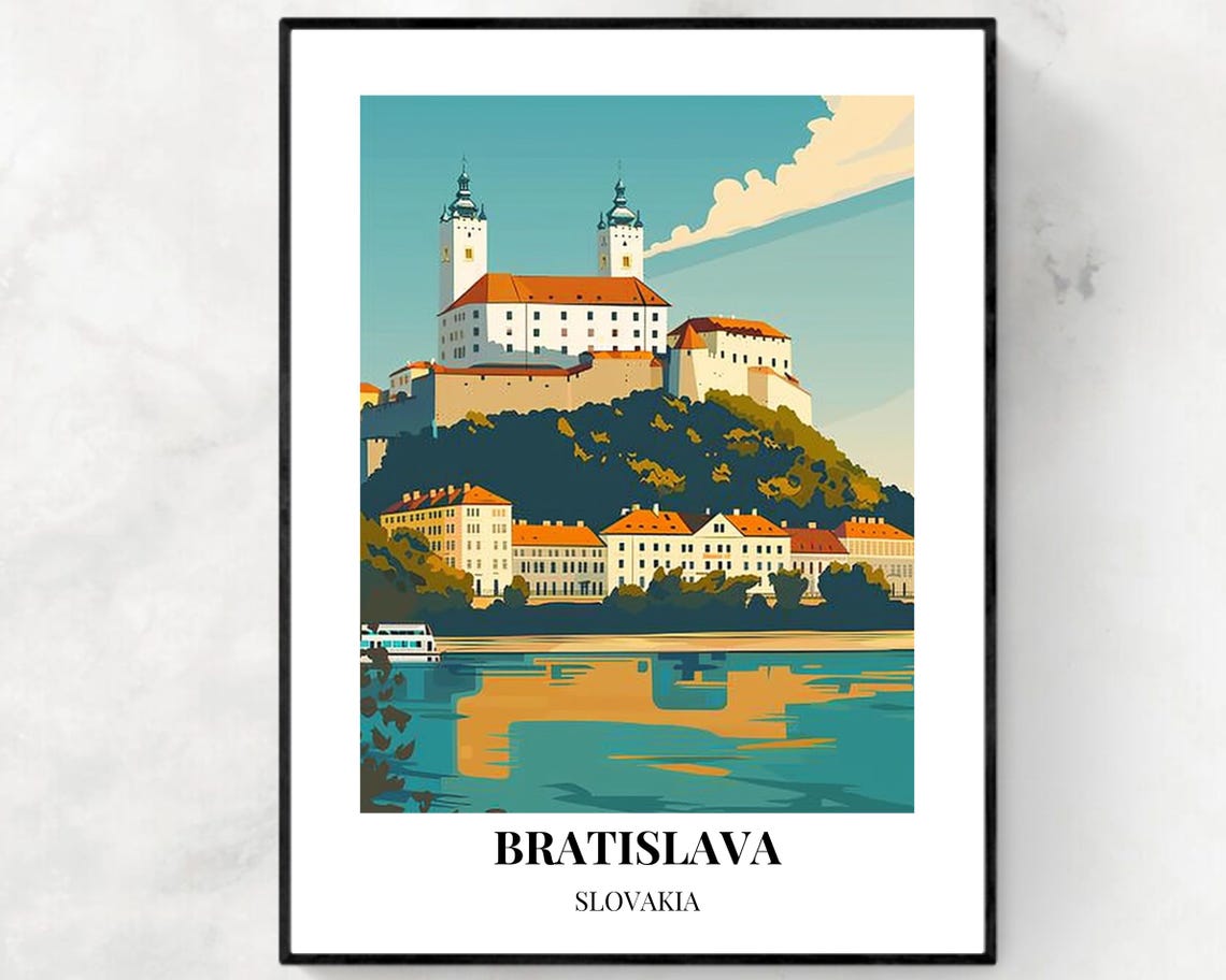 Bratislava Slovakia Grand Castle Over River Vintage Travel Poster