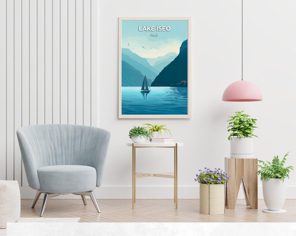 Lake Iseo Italy Sailboat Calm Lake Mountains Illustration Poster - Image 2