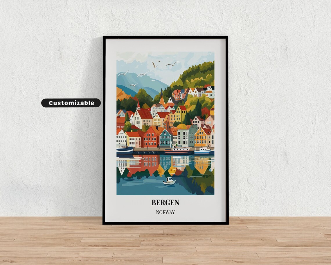 Bergen Norway Waterfront Harbor Houses Travel Illustration Poster