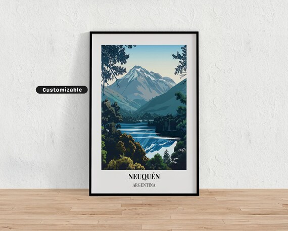 Neuquen Argentina Mountain Lake Reflection Forest Retro Travel Poster