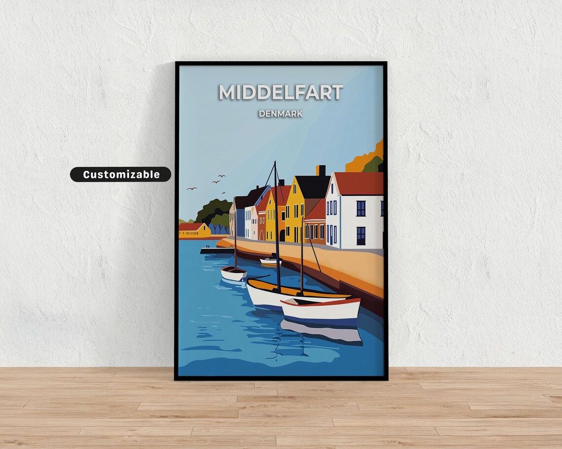 Middelfart Denmark Canal Sailboats Colorful Houses Travel Poster