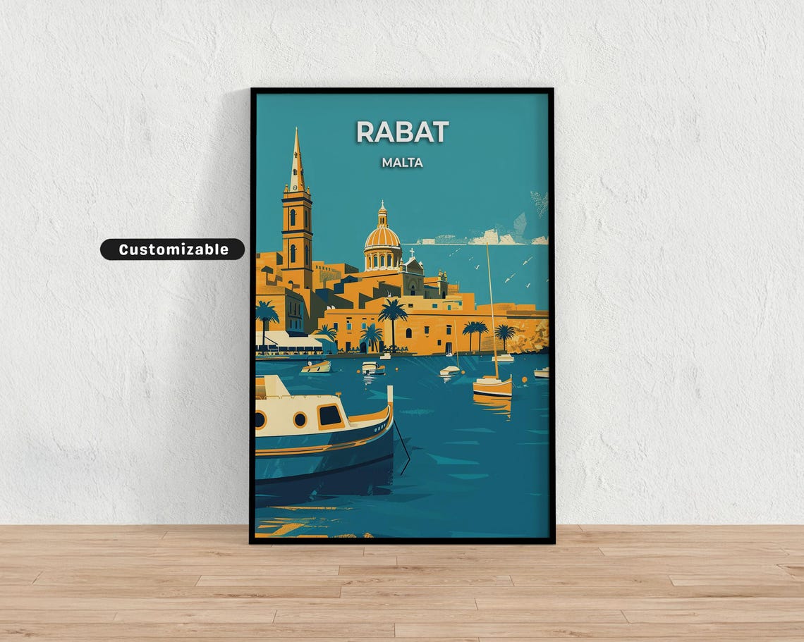 Rabat Malta Harbor Boats Golden Waterfront Vintage Travel Poster