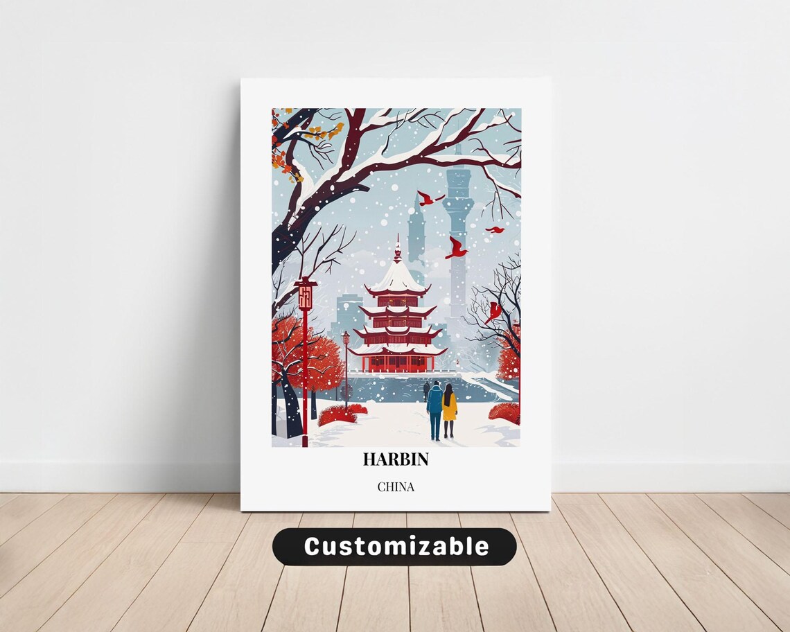 Harbin China Red Pagoda Snow Winter Scene Vintage Travel Poster