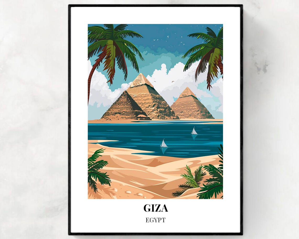 Giza Egypt Pyramids Palm Trees Desert Travel Poster for Travel Lovers