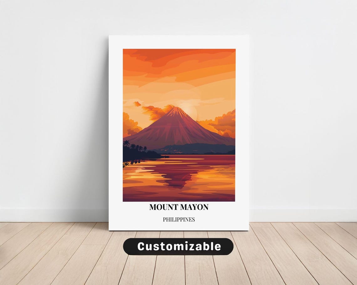 Mount Mayon Philippines Volcano Sunset Lake Reflection Travel Poster