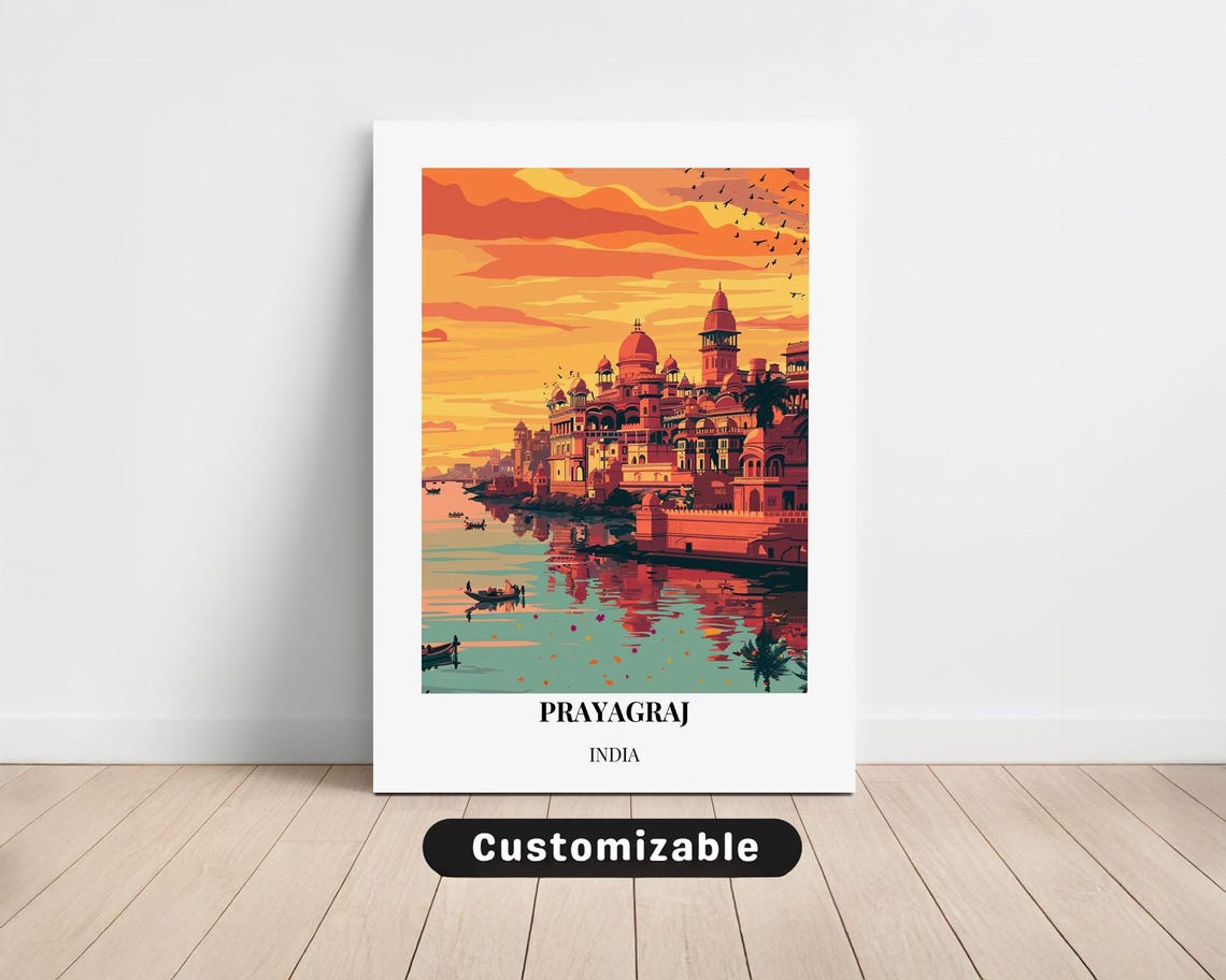 Prayagraj India Riverside Palaces Sunset Boat Travel Poster Art