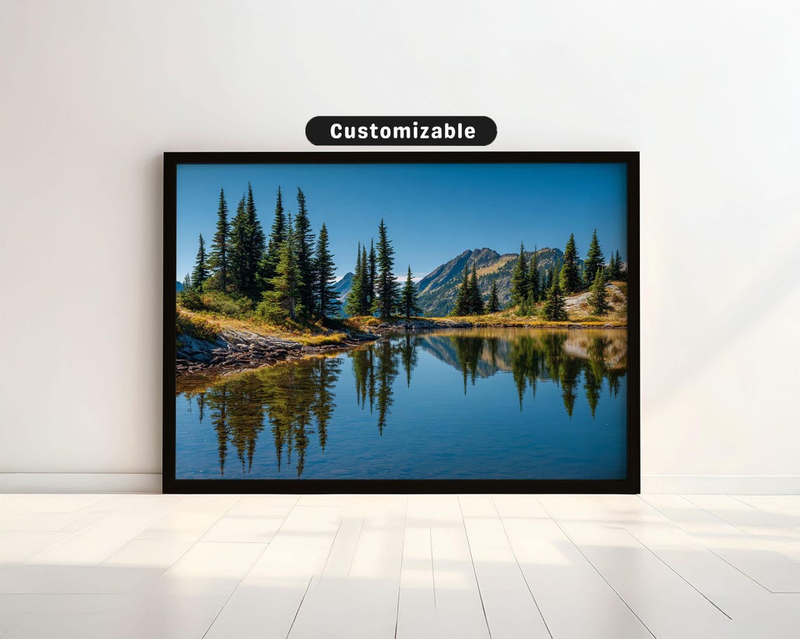 Quiet Mountain Lake Pine Reflections Blue Sky Scenic Art Poster