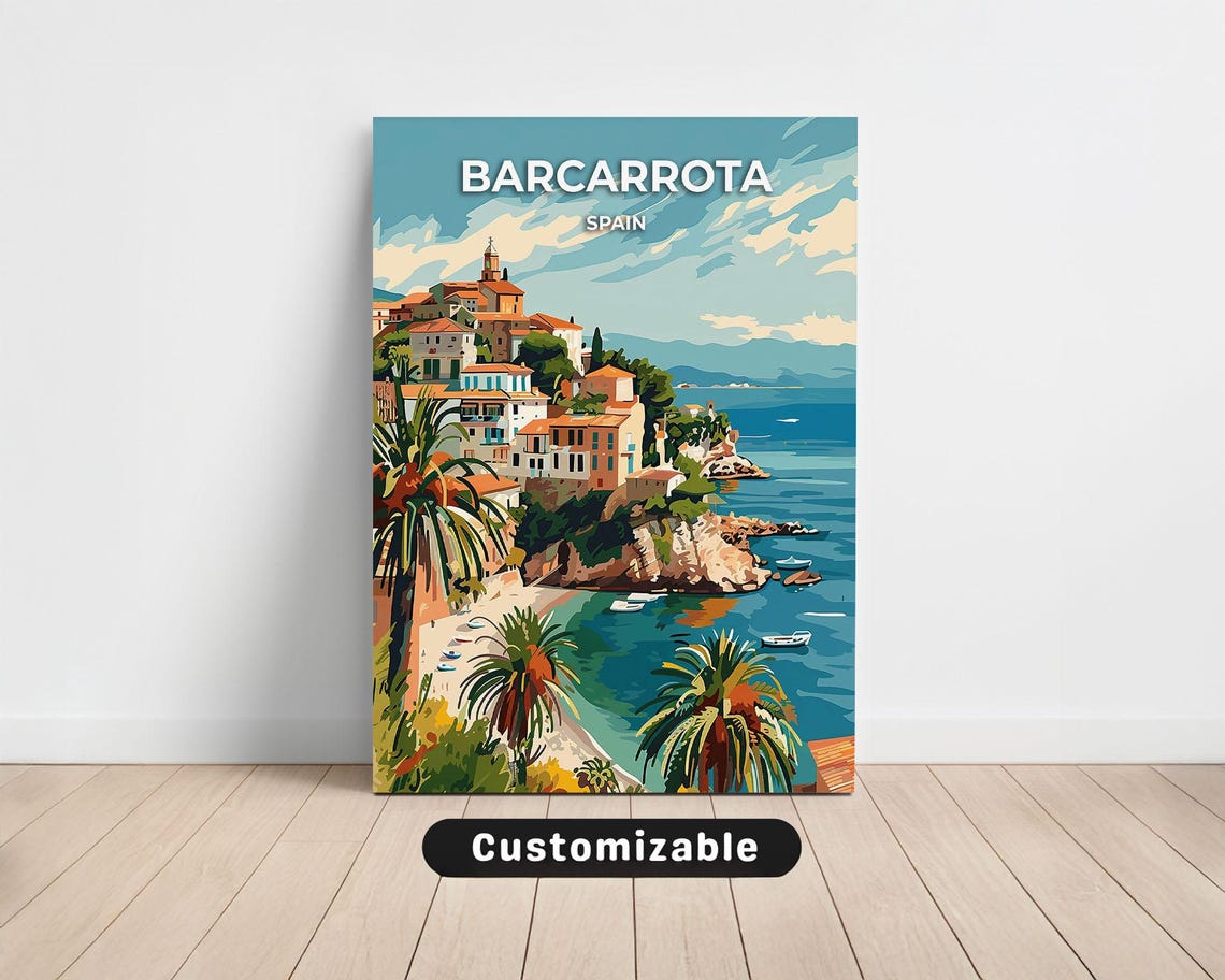 Barcarrota Spain Coastal Town Vintage Travel Poster Cliffs Beach Scene