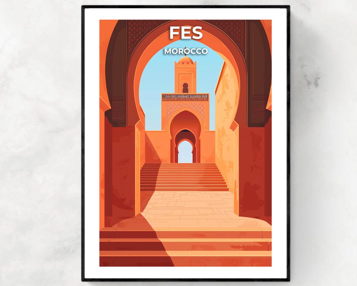 Fes Morocco Terracotta Horseshoe Arches Minaret Travel Poster