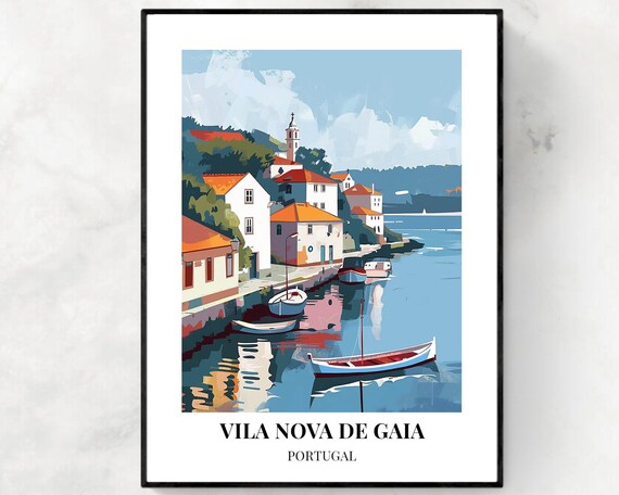 Vila Nova de Gaia Portugal Riverside Village Boats Daytime Travel Poster