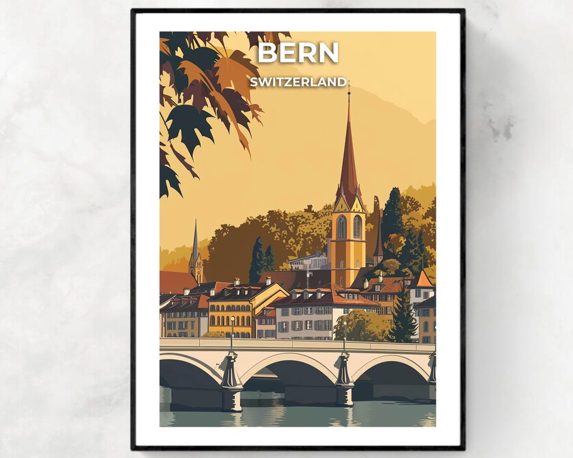 Bern Switzerland Old Town Church Spire Above River Bridge Poster