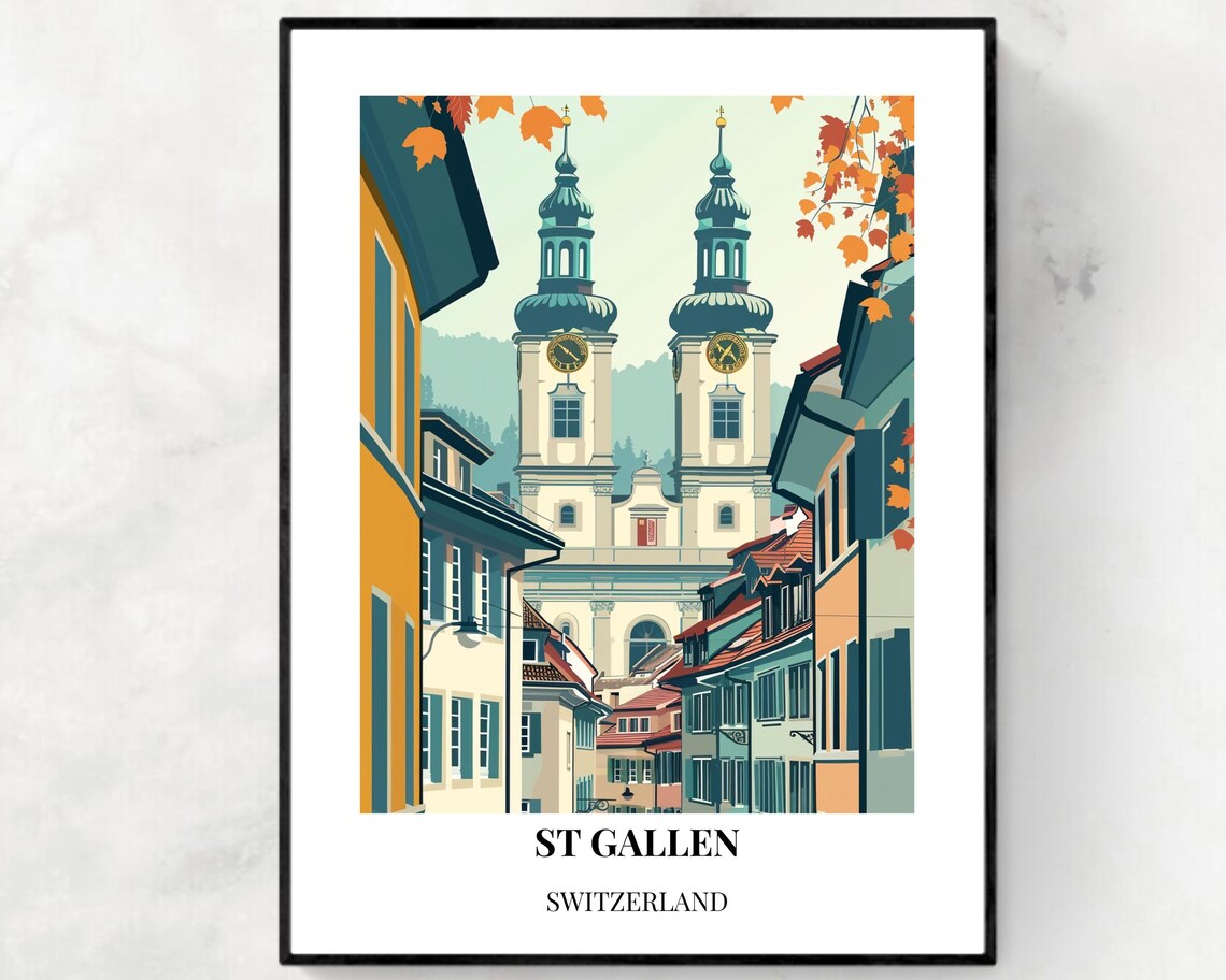 St Gallen Switzerland Twin Towers Autumn Street Vintage Poster