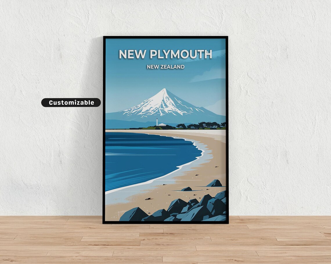 New Plymouth New Zealand Snowy Mount Taranaki Coast Travel Poster