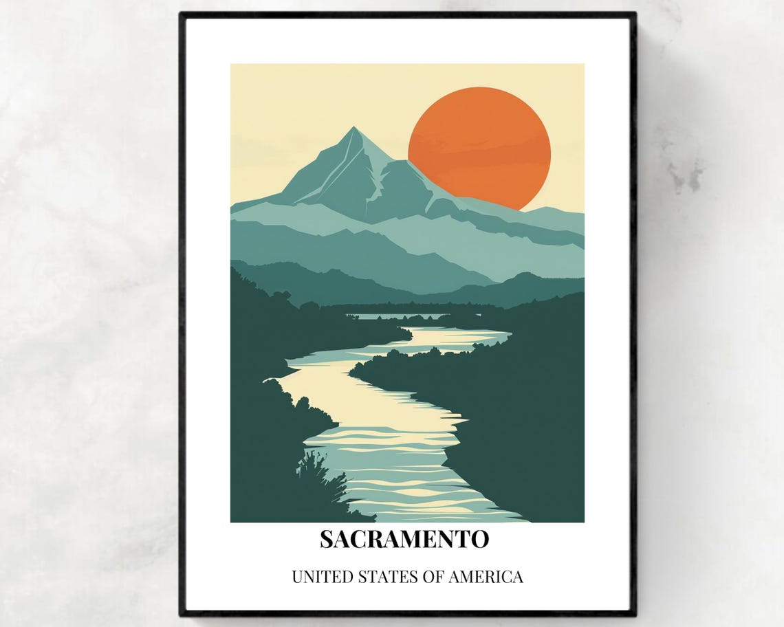 Sacramento California Mountain River Sunset Landscape Travel Poster