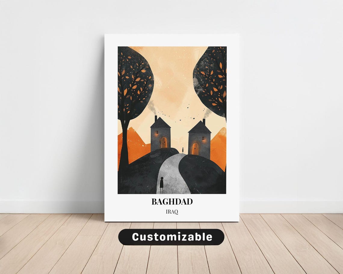 Baghdad Iraq Whimsical Folk Village Glowing Orange Sky Poster
