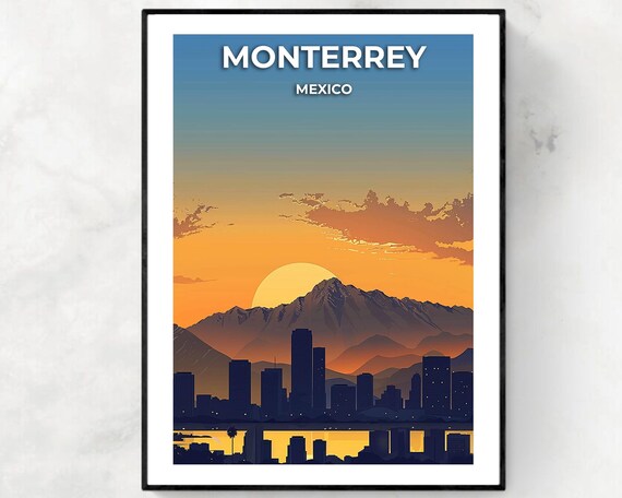 Monterrey Mexico Golden Sunset Silhouette Skyline Mountains Poster