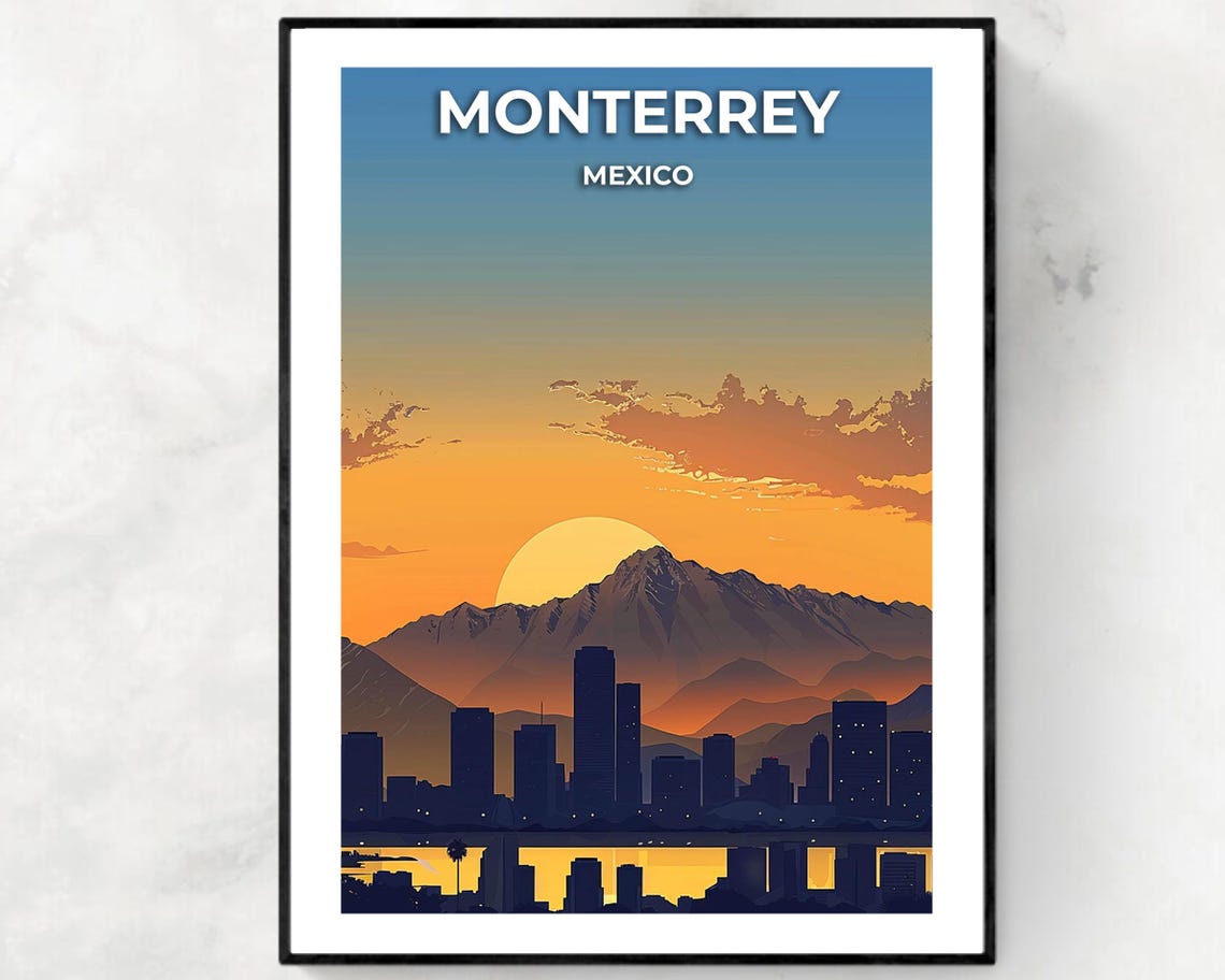 Monterrey Mexico Golden Sunset Silhouette Skyline Mountains Poster