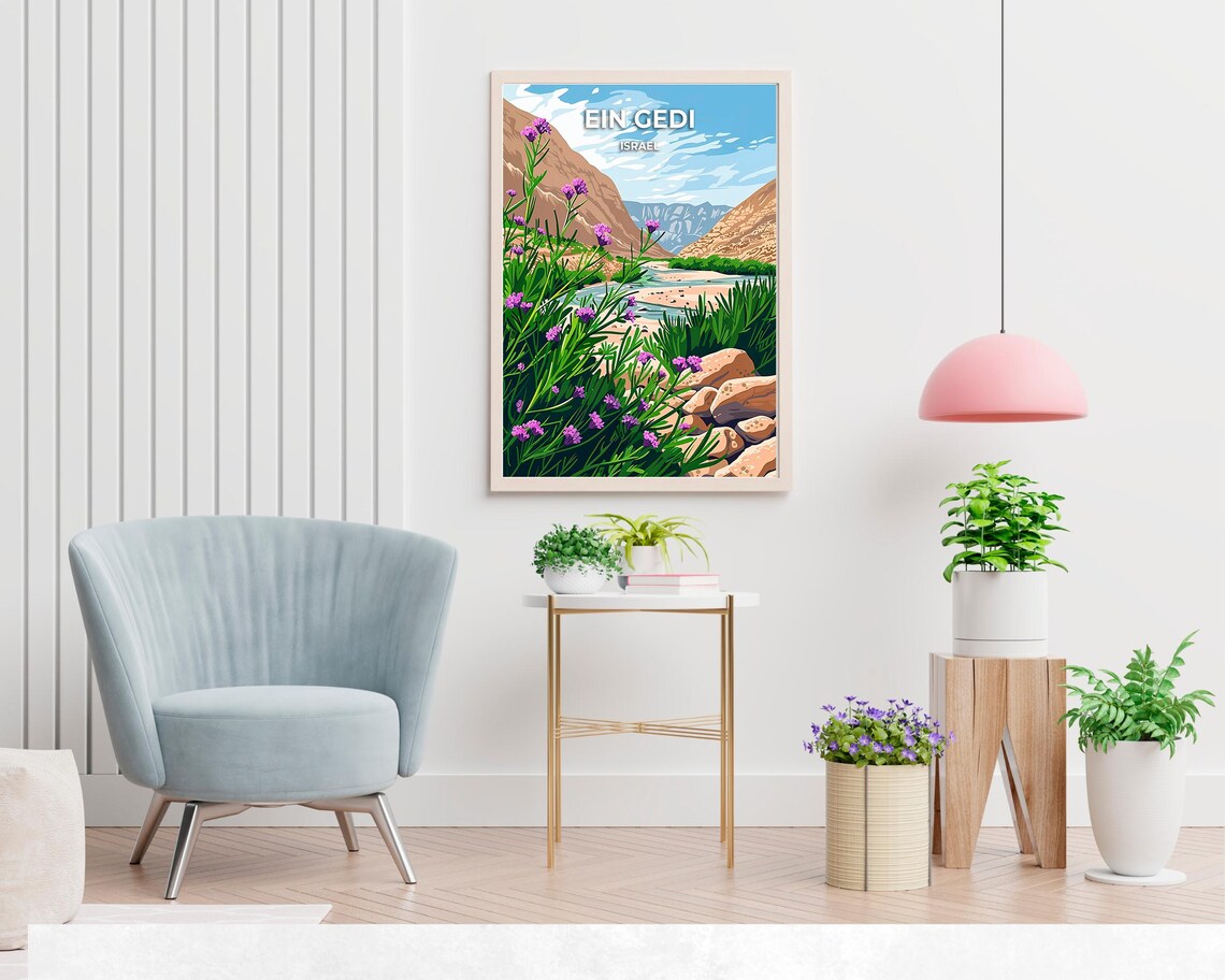 Ein Gedi Israel Desert Oasis Purple Flowers Rocky Stream Travel Poster - Image 2