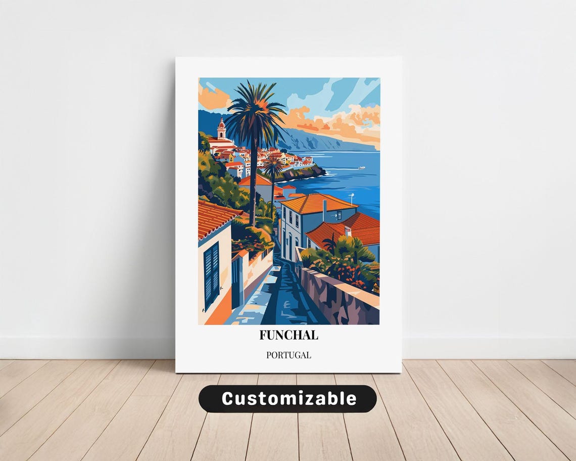 Funchal Portugal Madeira Coastal Town Palm Street Vintage Poster