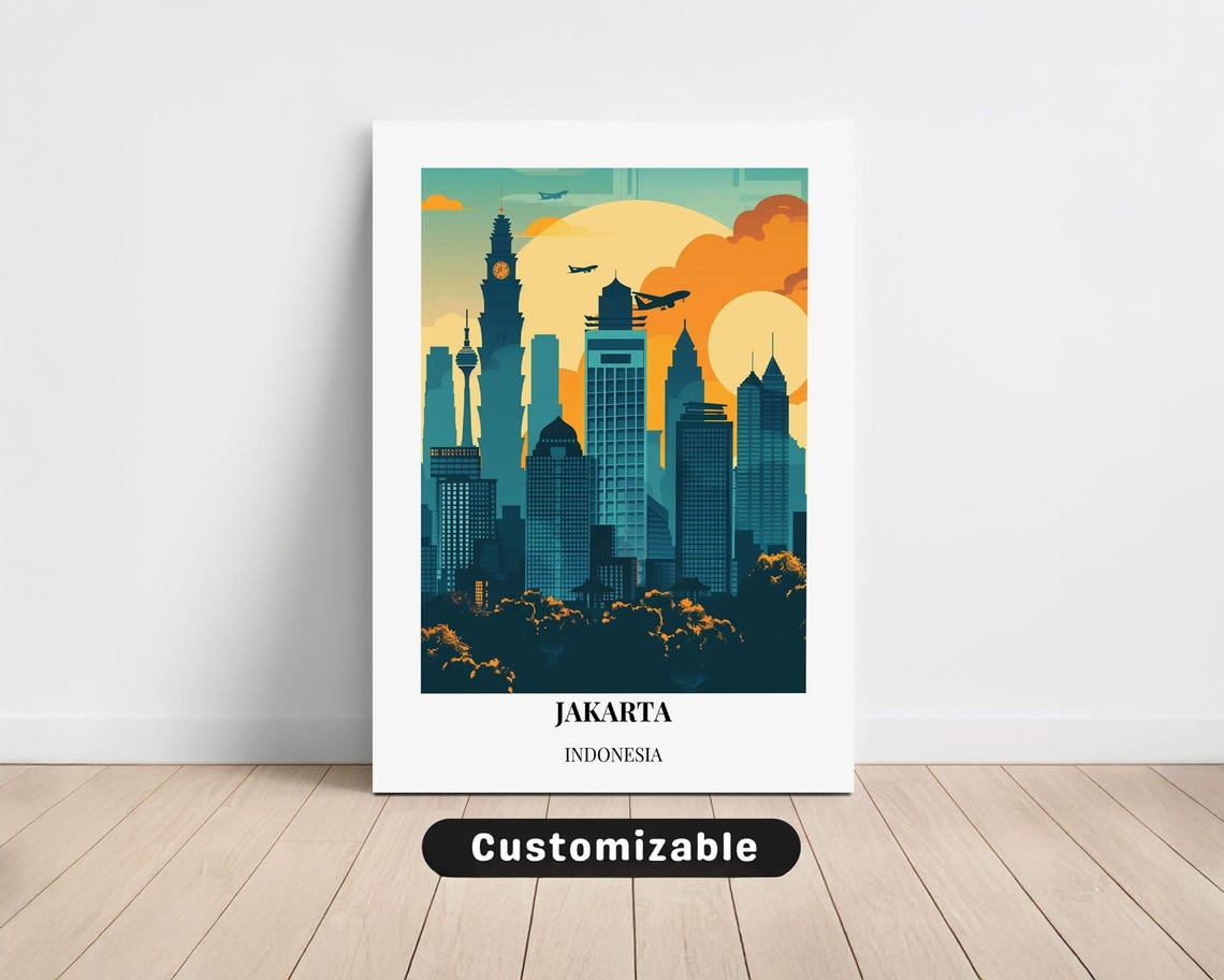 Jakarta Indonesia City Skyline Sunset Silhouette Travel Poster