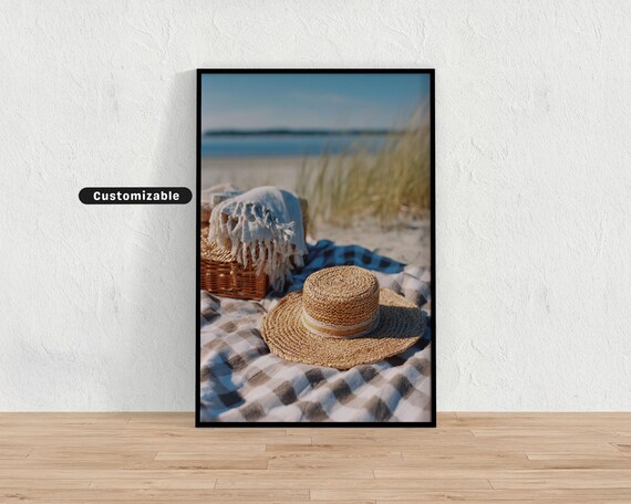 Sunny Beach Picnic Straw Hat Gingham Towel Coastal Photo Print