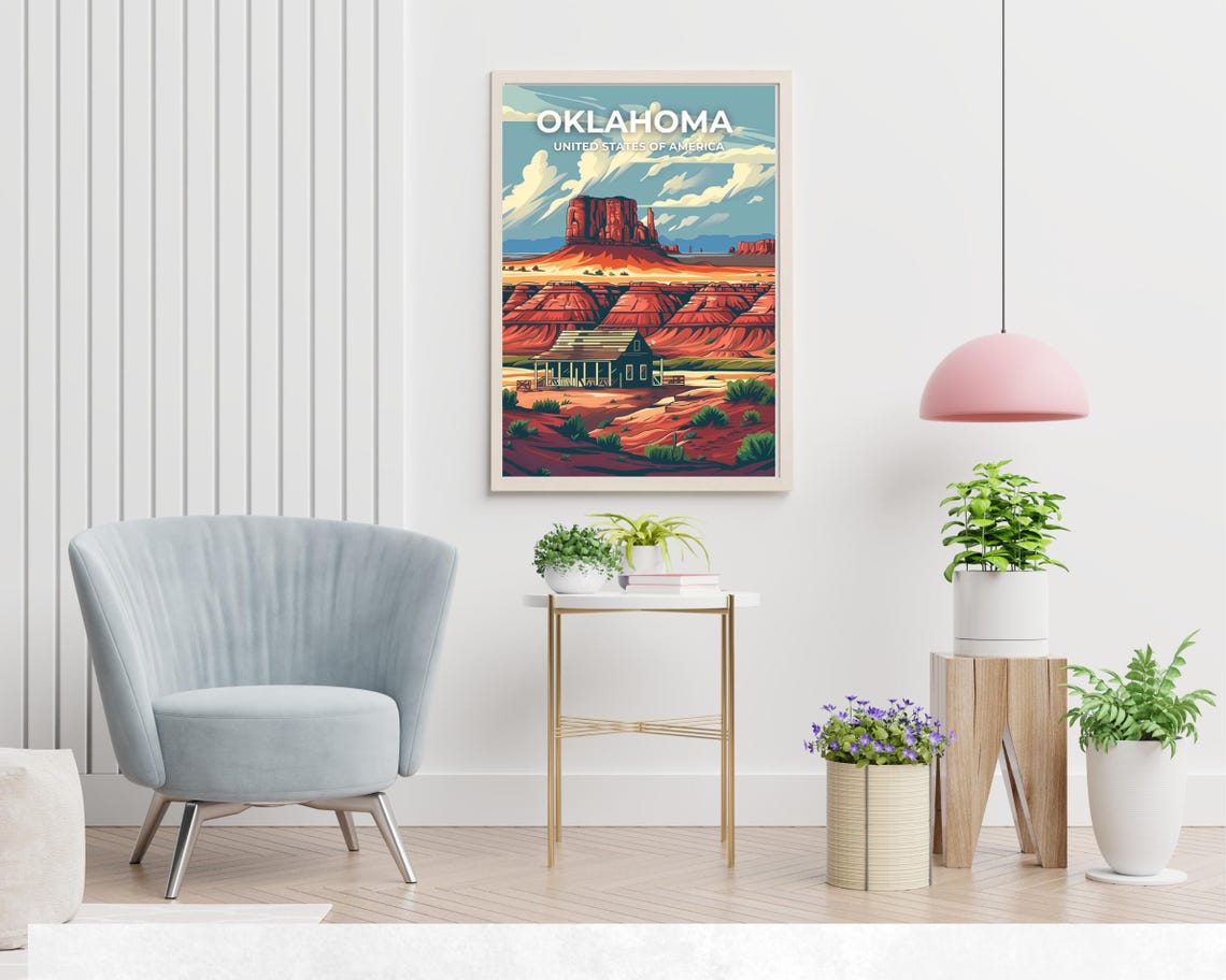 Oklahoma Red Rock Desert Mesa Ranch Cabin Top Title Travel Poster - Image 2
