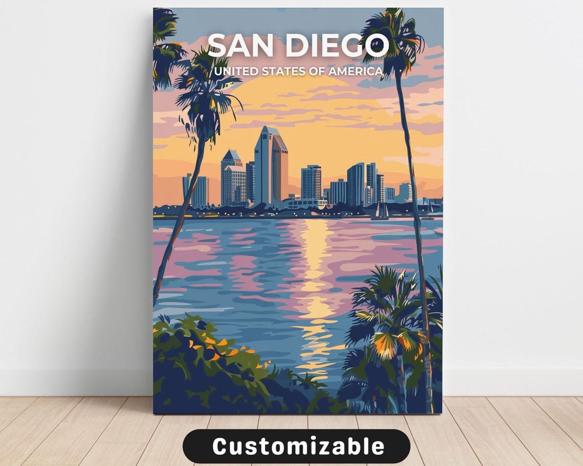 San Diego California Travel Poster Sunset Skyline Palm Tree Art