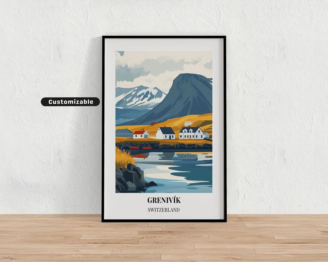 Grenivik Switzerland Fjord Fishing Village Mountain Travel Poster
