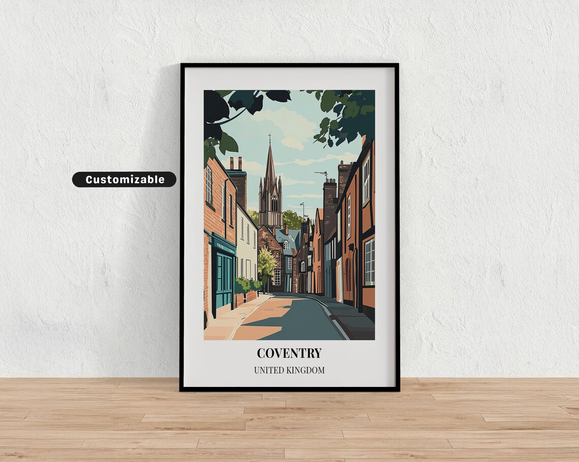 Coventry United Kingdom Church Street Spire Vintage Travel Poster