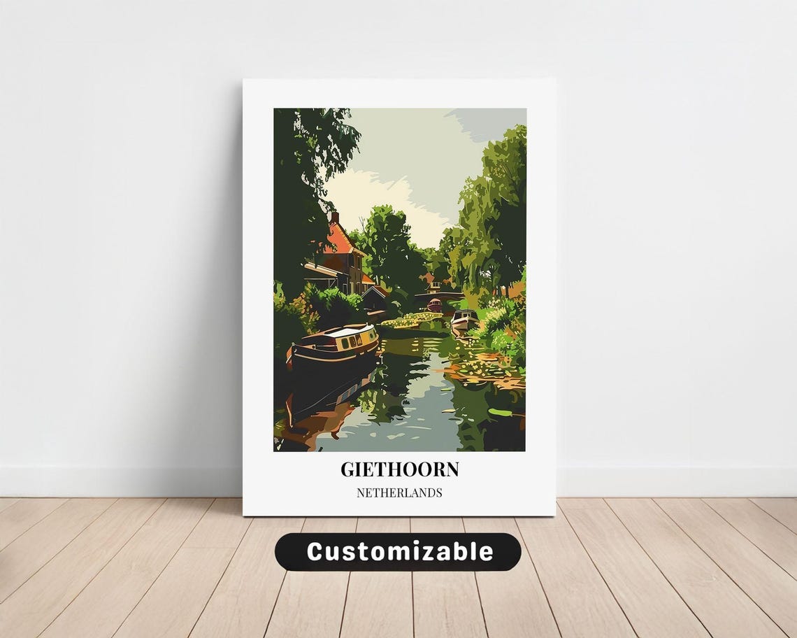 Giethoorn Netherlands Canal Boats Travel Poster Village Waterway Scene