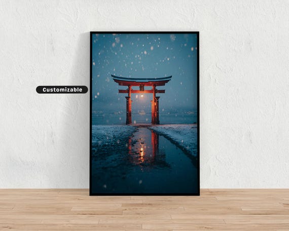 Snow Falling Over Wooden Torii Gate By Lake Japanese Wall Art Print Zen Asian Decor