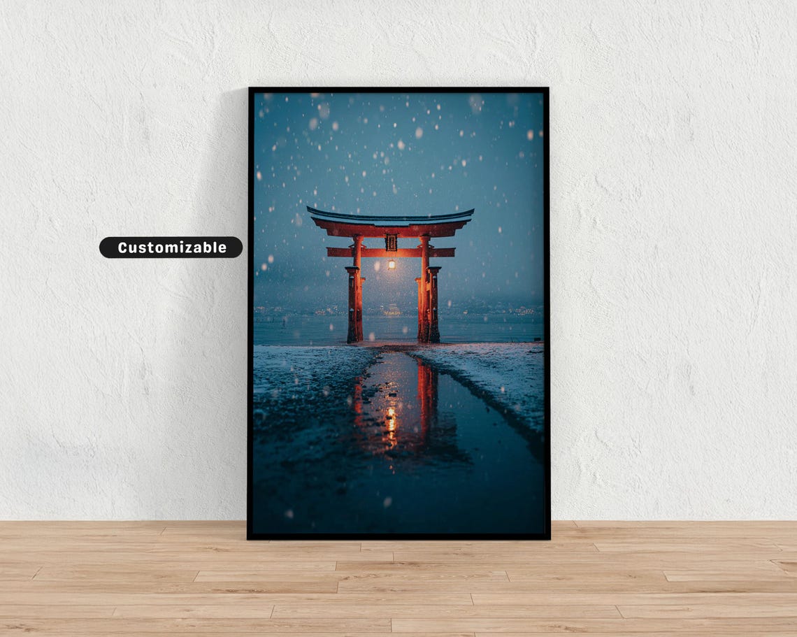 Snow Falling Over Wooden Torii Gate By Lake Japanese Wall Art Print Zen Asian Decor