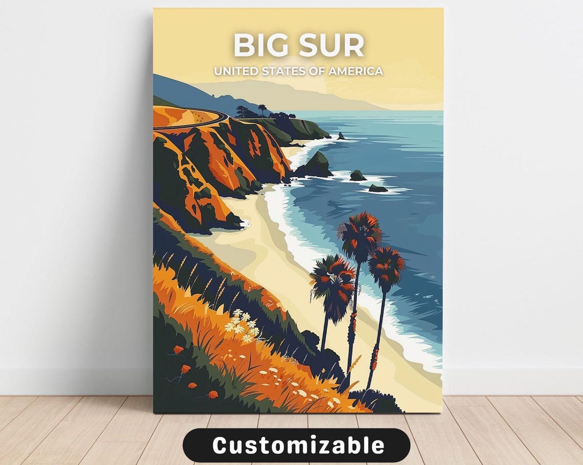 Big Sur United States Cliff Bridge Palm Coast Retro Travel Poster